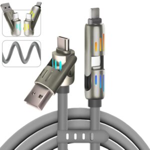 4-in-1 3FT Silicone cable with Breathing Light, Multi Charge Cable 8-PIN /Type C/USB A Port in Gray