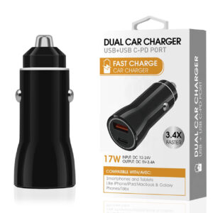 USB & USB-C PD port Dual Car charger In Black  SKU:CC12-3A5VBK