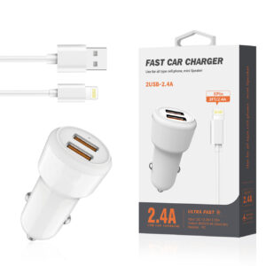 Reiko 8 PIN Portable Car Charger With Built In 3 Ft Cable In White  SKU:CC2IN1-8PWH