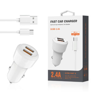 Reiko Micro Portable Car Charger With Built In 3 Ft Cable In White  SKU:CC2IN1-MICROWH