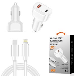 36W PD Dual Ports Travel Car Charger Adapter Fast Charging with USB-C To 8 Pin Cable SKU:CC2IN1-PD8PWH