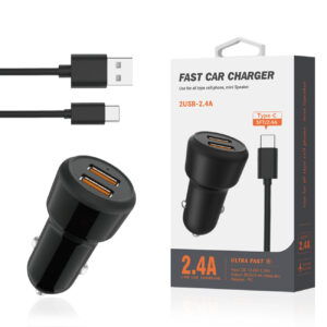 Reiko Typec Portable Car Charger With Built In 3 Ft Cable In Black  SKU:CC2IN1-TYPECBK