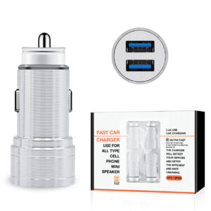 Dual Port USB Car Charger/ Adapter In Silver (12pcs)