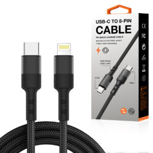 Power Delivery USB-C to 8-PIN Fast Charging & Sync Nylon-Braided 5FT Cable In Black-SKU:DC36-PD8PTYPEC5FTBK