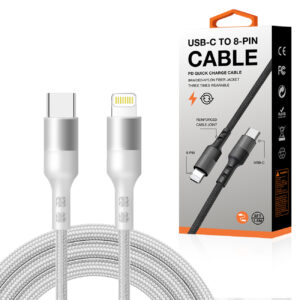 Power Delivery USB-C to 8-PIN Fast Charging & Sync Nylon-Braided 5FT Cable In Silver-SKU:DC36-PD8PTYPEC5FTSL
