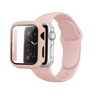Pink Color PC Watch Case With Glass Screen Protector and Silicone Watch Band for Apple Watch 45mm