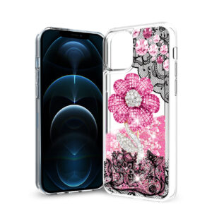 Reiko iPhone 12 Pro Max Glitter Case Moving Quicksand Pink Floral