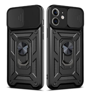 Kickstand Ring Holder with Slide Camera Cover TPU Shockproof Case and Magnetic Car Mount for APPLE IPHONE 12/IPHONE 12 PRO In Black