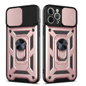 Kickstand Ring Holder with Slide Camera Cover TPU Shockproof Case and Magnetic Car Mount for APPLE IPHONE 12 PRO MAX In Rose Gold