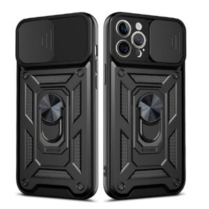 Kickstand Ring Holder with Slide Camera Cover TPU Shockproof Case and Magnetic Car Mount for APPLE IPHONE 12/IPHONE 12 PRO In Black