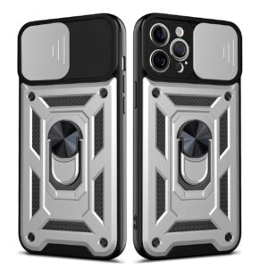 Kickstand Ring Holder with Slide Camera Cover TPU Shockproof Case and Magnetic Car Mount for APPLE IPHONE 12/IPHONE 12 PRO In Silver