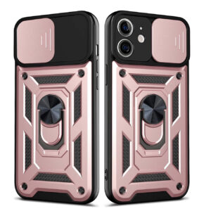 Kickstand Ring Holder with Slide Camera Cover TPU Shockproof Case and Magnetic Car Mount for APPLE IPHONE 12/IPHONE 12 PRO In Rose Gold