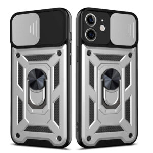 Kickstand Ring Holder with Slide Camera Cover TPU Shockproof Case and Magnetic Car Mount for APPLE IPHONE 12/IPHONE 12 PRO In Silver