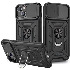 Kickstand Ring Holder with Slide Camera Cover TPU Magnetic Car Mount for APPLE IPHONE 13 In Black