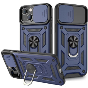 Kickstand Ring Holder with Slide Camera Cover TPU Magnetic Car Mount for APPLE IPHONE 13 In Blue