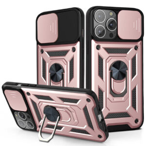 Kickstand Ring Holder & Slide Camera Cover Magnetic Car Mount for APPLE IPHONE 13 PRO In Rose gold