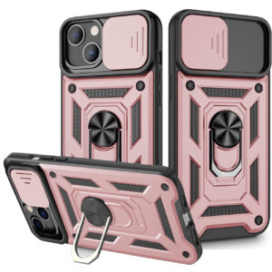 Kickstand Ring Holder & Slide Camera Cover Magnetic Car Mount for APPLE IPHONE 13 In Rose gold