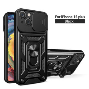 Kickstand Ring Holder with Slide Camera Cover TPU Magnetic Car Mount for APPLE IPHONE 15 PLUS In Black
