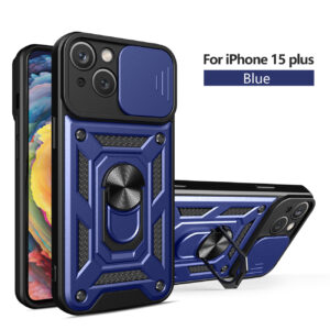 Kickstand Ring Holder with Slide Camera Cover TPU Magnetic Car Mount for APPLE IPHONE 15 PLUS In Blue