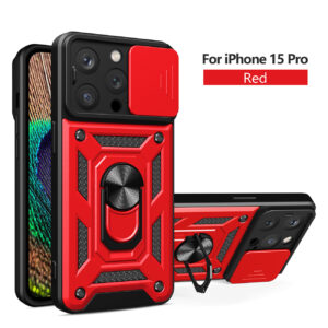 Kickstand Ring Holder with Slide Camera Cover TPU Magnetic Car Mount for APPLE IPHONE 15 PRO In Red