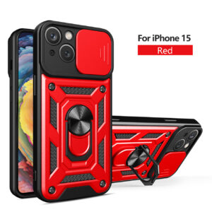Kickstand Ring Holder with Slide Camera Cover TPU Magnetic Car Mount for APPLE IPHONE 15 In Red