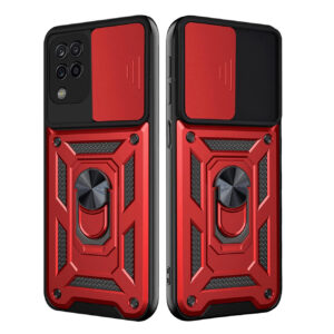 Kickstand Ring Holder with Slide Camera Cover TPU Shockproof Case and Magnetic Car Mount for SAMSUNG GALAXY A42 5G In Red