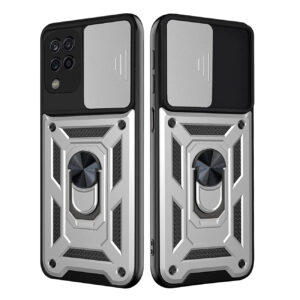 Kickstand Ring Holder with Slide Camera Cover TPU Shockproof Case and Magnetic Car Mount for SAMSUNG GALAXY A42 5G In Silver