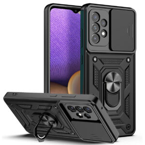 Kickstand Ring Holder with Slide Camera Cover TPU Shockproof Case and Magnetic Car Mount for SAMSUNG GALAXY A52 5G In Black