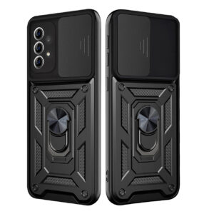 Kickstand Ring Holder with Slide Camera Cover TPU Shockproof Case and Magnetic Car Mount for SAMSUNG GALAXY A72 5G In Black