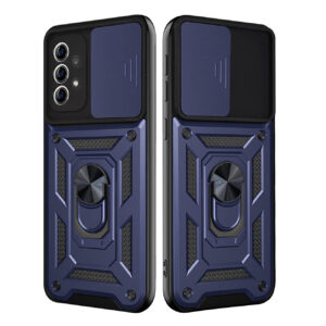 Kickstand Ring Holder with Slide Camera Cover TPU Shockproof Case and Magnetic Car Mount for SAMSUNG GALAXY A72 5G In Blue