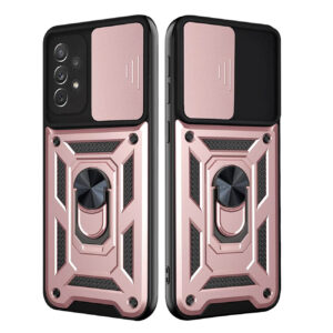 Kickstand Ring Holder with Slide Camera Cover TPU Shockproof Case and Magnetic Car Mount for SAMSUNG GALAXY A72 5G In Rose Gold