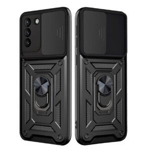 Kickstand Ring Holder with Slide Camera Cover TPU Shockproof Case and Magnetic Car Mount for SAMSUNG GALAXY S21/S30 In Black