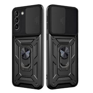 Kickstand Ring Holder with Slide Camera Cover TPU Shockproof Case and Magnetic Car Mount for SAMSUNG GALAXY S21 FE In Black