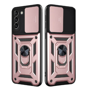 Kickstand Ring Holder with Slide Camera Cover TPU Shockproof Case and Magnetic Car Mount for SAMSUNG GALAXY S21 FE In Rose Gold