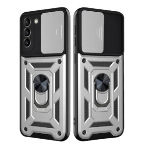 Kickstand Ring Holder with Slide Camera Cover TPU Shockproof Case and Magnetic Car Mount for SAMSUNG GALAXY S21 FE In Silver