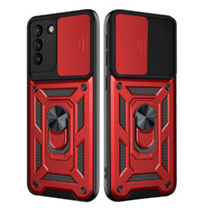 Kickstand Ring Holder with Slide Camera Cover TPU Shockproof Case and Magnetic Car Mount for SAMSUNG GALAXY S21/S30 In Red