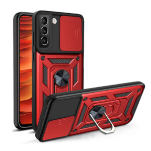 Kickstand Ring Holder & Slide Camera Cover Magnetic Car Mount for SAMSUNG GALAXY S22 PLUS In Red