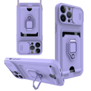 High Quality iPhone 12 Max Case with Camera cover, Kickstand, Slide lens protection, Magnetic ring stand, Crossbody strap and Card holder In Purple