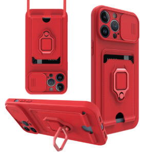 High Quality iPhone 12 Max Case with Camera cover, Kickstand, Slide lens protection, Magnetic ring stand, Crossbody strap and Card holder In Red