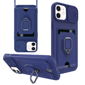 High Quality iPhone 12 Case with Camera cover, Kickstand, Slide lens protection, Magnetic ring stand, Crossbody strap and Card holder In Navy