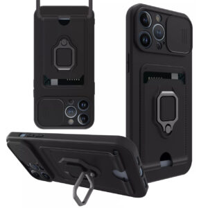 High Quality iPhone 12 Pro Case with Camera cover, Kickstand, Slide lens protection, Magnetic ring stand, Crossbody strap and Card holder In Black