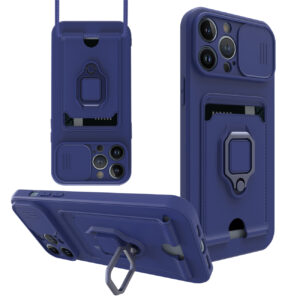 High Quality iPhone 13 Pro Case with Camera cover, Kickstand, Slide lens protection, Magnetic ring stand, Crossbody strap and Card holder In Navy