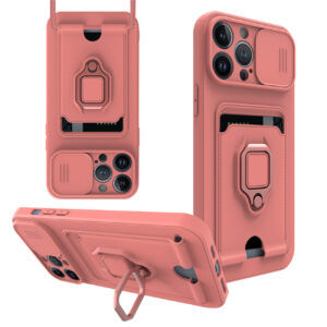 High Quality iPhone 13 Pro Case with Camera cover, Kickstand, Slide lens protection, Magnetic ring stand, Crossbody strap and Card holder In Pink