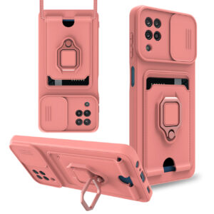 High Quality Samsung 12 5G Case with Camera cover, Kickstand, Slide lens protection, Magnetic ring stand, Crossbody strap and Card holder In Pink