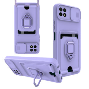 High Quality Samsung 22 5G Case with Camera cover, Kickstand, Slide lens protection, Magnetic ring stand, Crossbody strap and Card holder In Purple