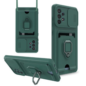 High Quality Samsung 32 5G Case with Camera cover, Kickstand, Slide lens protection, Magnetic ring stand, Crossbody strap and Card holder In Green