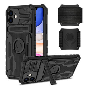 High Elastic Plastic iPhone 11 Case with Kickstand, Sports Mobile Wristband and Card Slot In Black