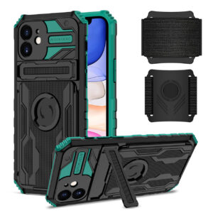 High Elastic Plastic iPhone 11 Case with Kickstand, Sports Mobile Wristband and Card Slot In Green