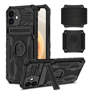 High Elastic Plastic iPhone 12 Case with Kickstand, Sports Mobile Wristband and Card Slot In Black