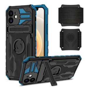 High Elastic Plastic iPhone 12 Case with Kickstand, Sports Mobile Wristband and Card Slot In Blue